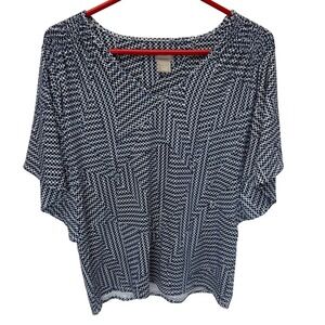 Chico's Size 1 (M) Blue White Black Batwing Sleeve Top Ruched Shoulder